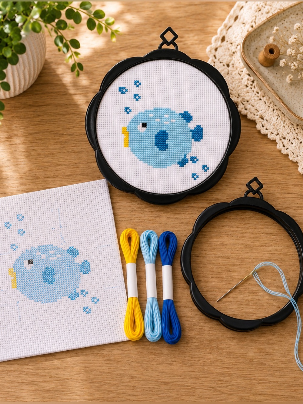 Fish Mother Cross Stitch Kit – Stamped Beginner Cross Stitch Kit with Frame